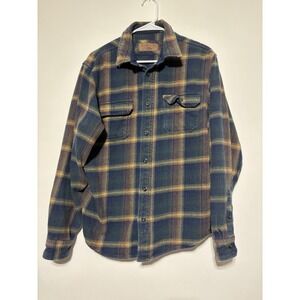 Orvis Mens Large Blue Tan Plaid Flannel Button Front Double Pockets Heavy Top